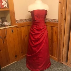red strapless gown  Ruched Torso  Bust: 31”- 32” Formal.